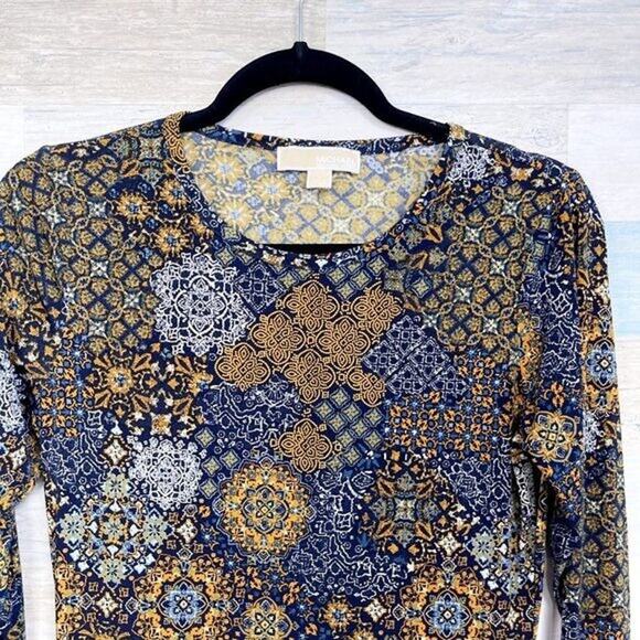 MICHAEL KORS Medallion Print Tiered Hem Dress Blue Yellow Stretch Womens Small - Picture 3 of 8